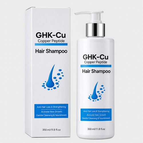 A bottle and box of GHK-Cu Copper Peptide Hair Shampoo on a light gray background. The packaging is white with blue and black text and a blue droplet graphic.